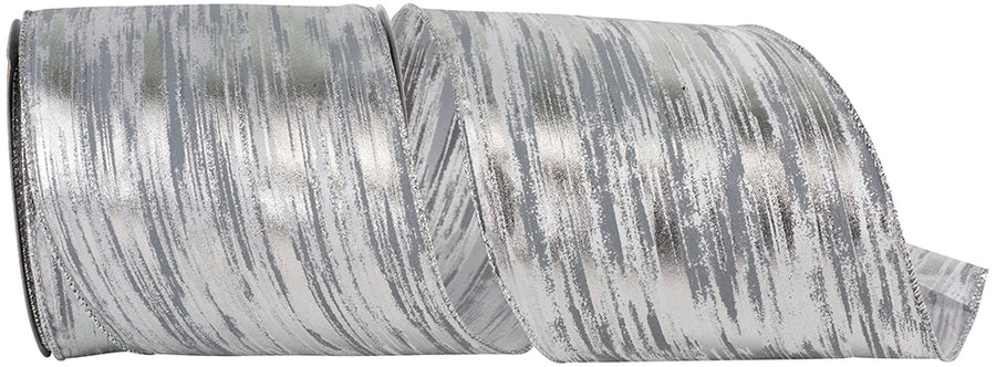 Birch Bark Metallic Wired Edge Ribbon White Silver 4 Inch