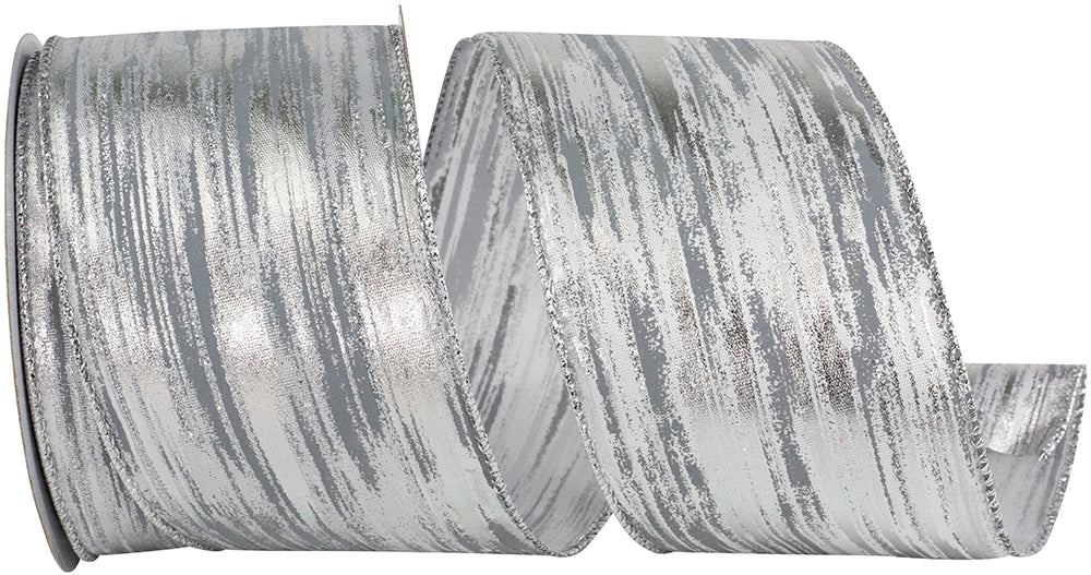Birch Bark Metallic Wired Edge Ribbon White Silver 2-1/2 Inch