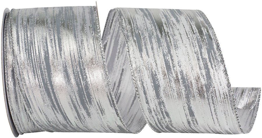 Birch Bark Metallic Wired Edge Ribbon White Silver 2-1/2 Inch