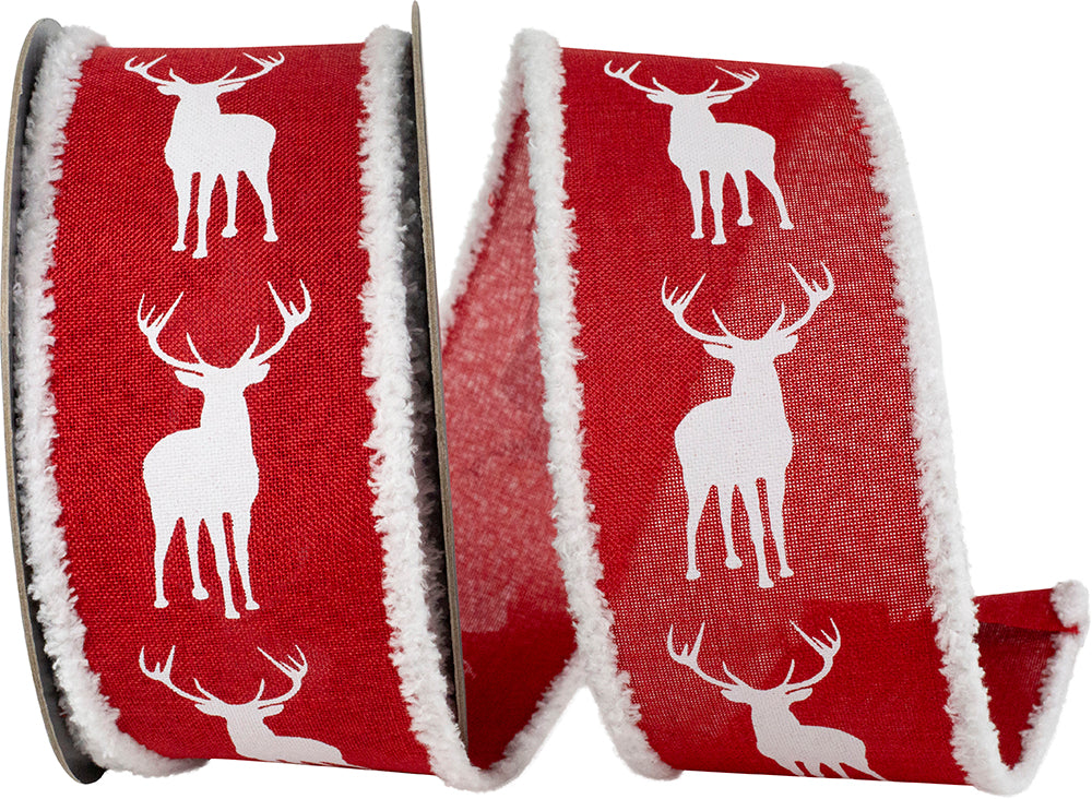 Red White 2-1 2 Inch Deer Linen Frizette Wired Edge Ribbon for Wreaths & Bows