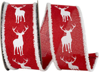 Red White 2-1 2 Inch Deer Linen Frizette Wired Edge Ribbon for Wreaths & Bows