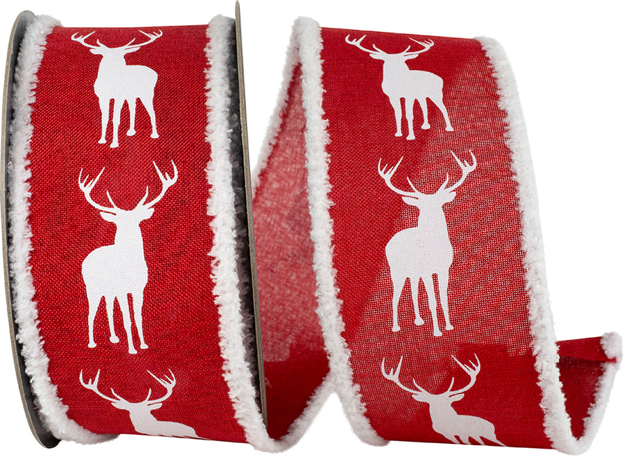 Red White 2-1 2 Inch Deer Linen Frizette Wired Edge Ribbon for Wreaths & Bows