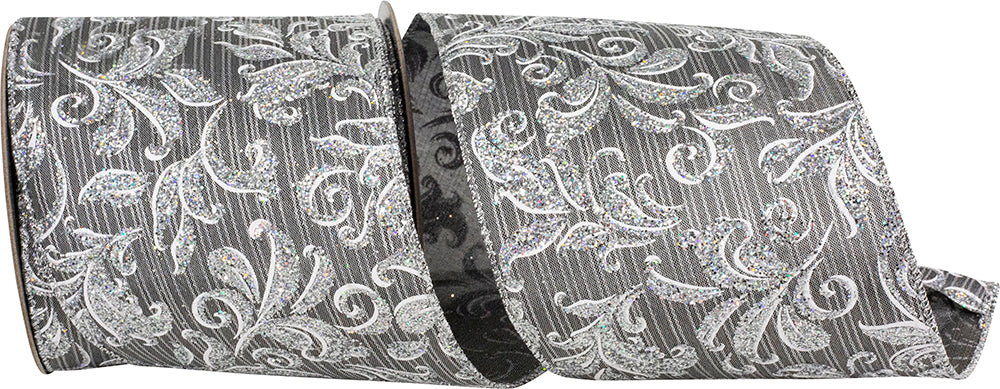 Gunmetal Wired Edge Ribbon 4 Inch Filigree Glitter 10 Yards