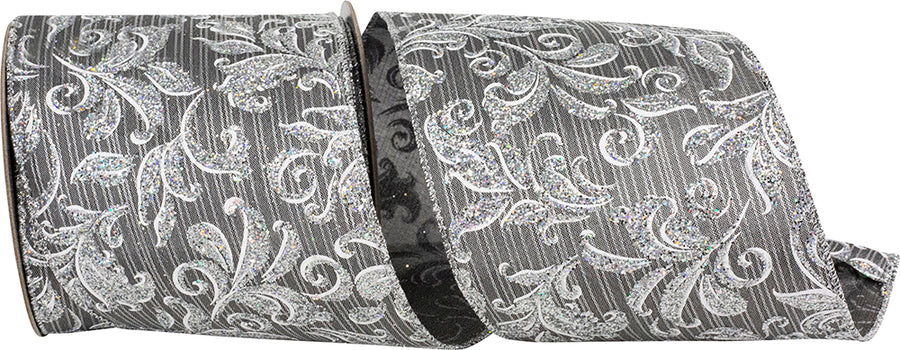 Gunmetal Wired Edge Ribbon 4 Inch Filigree Glitter 10Yds