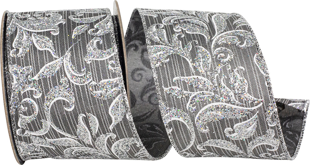 Gunmetal Glitter Stripe Wired Edge Ribbon 2-1/2 Inch