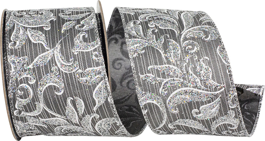 Gunmetal Glitter Stripe Wired Edge Ribbon 2-1/2 Inch