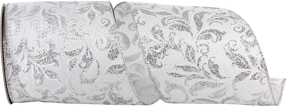 4 Inch White Silver Glitter Wired Edge Ribbon for Bows