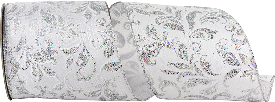4 Inch White Silver Glitter Wired Edge Ribbon for Bows