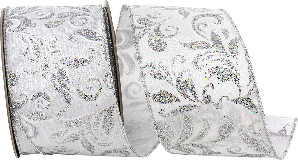 Filigree Glitter Stripe Wired Edge Ribbon White Silver 2-1/2 Inch