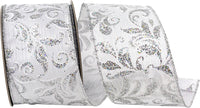 Filigree Glitter Stripe Wired Edge Ribbon White Silver 2-1/2 Inch