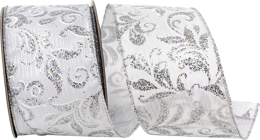 Filigree Glitter Stripe Wired Edge Ribbon White Silver 2-1/2 Inch