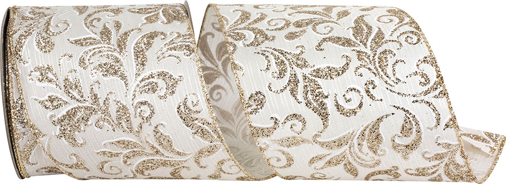 Filigree Glitter Stripe Ribbon 4 Inch Ivory Gold 10 Yards