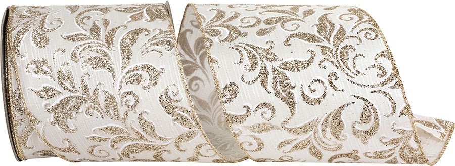 Filigree Glitter Stripe Ribbon 4 Inch Ivory Gold 10Yds