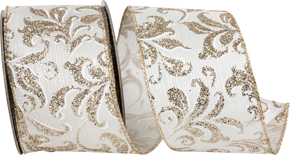 Filigree Glitter Stripe Wired Edge Ribbon Ivory Gold 2-1/2 Inch