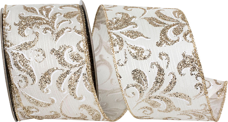 Filigree Glitter Stripe Wired Edge Ribbon Ivory Gold 2-1/2 Inch