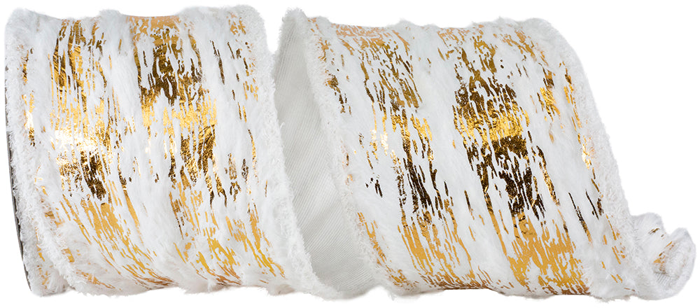 4 Inch White Gold Furry Snow Cavern Metallic Ribbon
