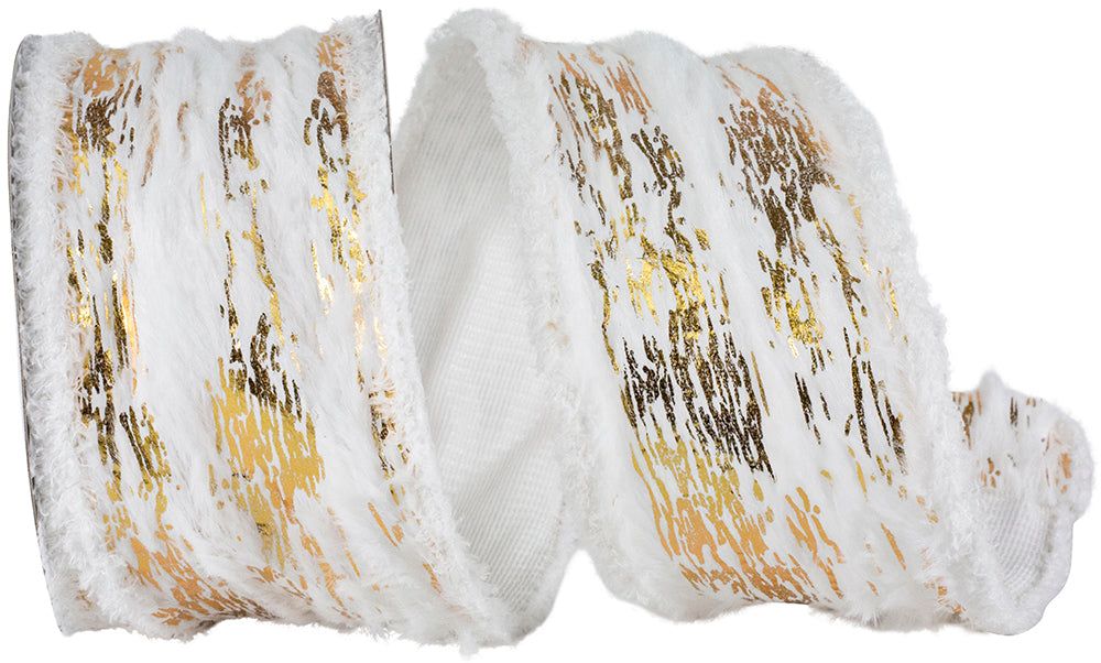 Furry Snow Cavern Metallic Frizette Ribbon White Gold 2-1/2 Inch