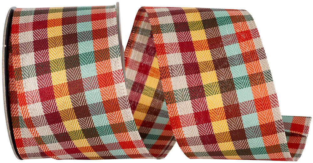 Tonal Twill Plaid Wired Edge Ribbon Multi 2-1/2 Inch