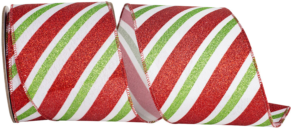4 Inch White Red Glitter Stripes Linen Wired Edge Ribbon