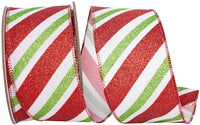 Diagonal Glitter Holiday Stripes Linen Ribbon White Red 2-1/2 Inch