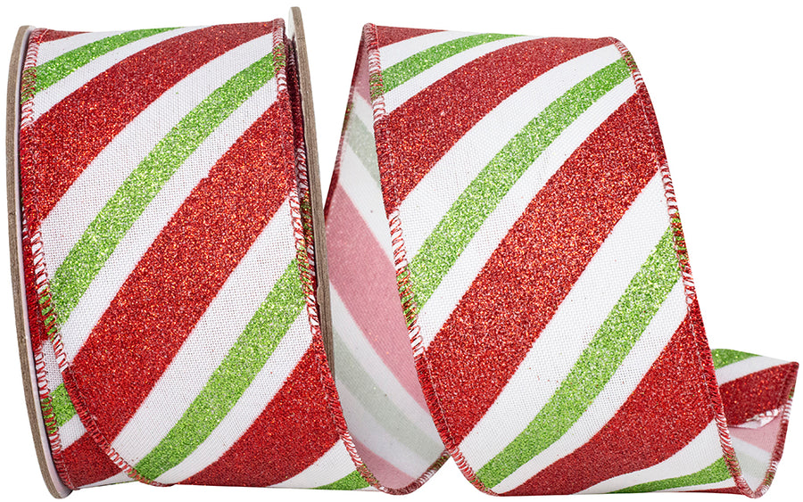 Diagonal Glitter Holiday Stripes Linen Ribbon White Red 2-1/2 Inch