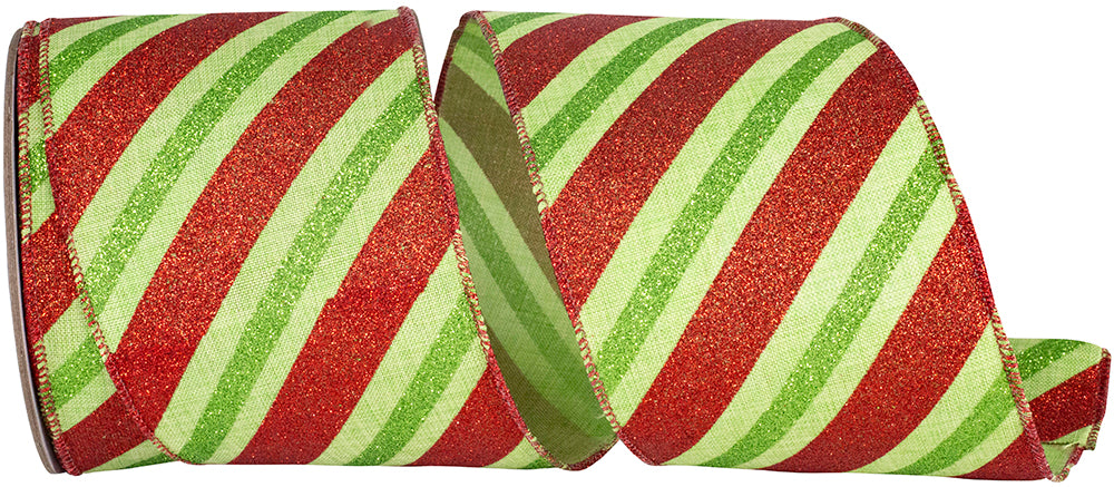 4 Inch Green Red Glitter Stripes Linen Wired Edge Ribbon