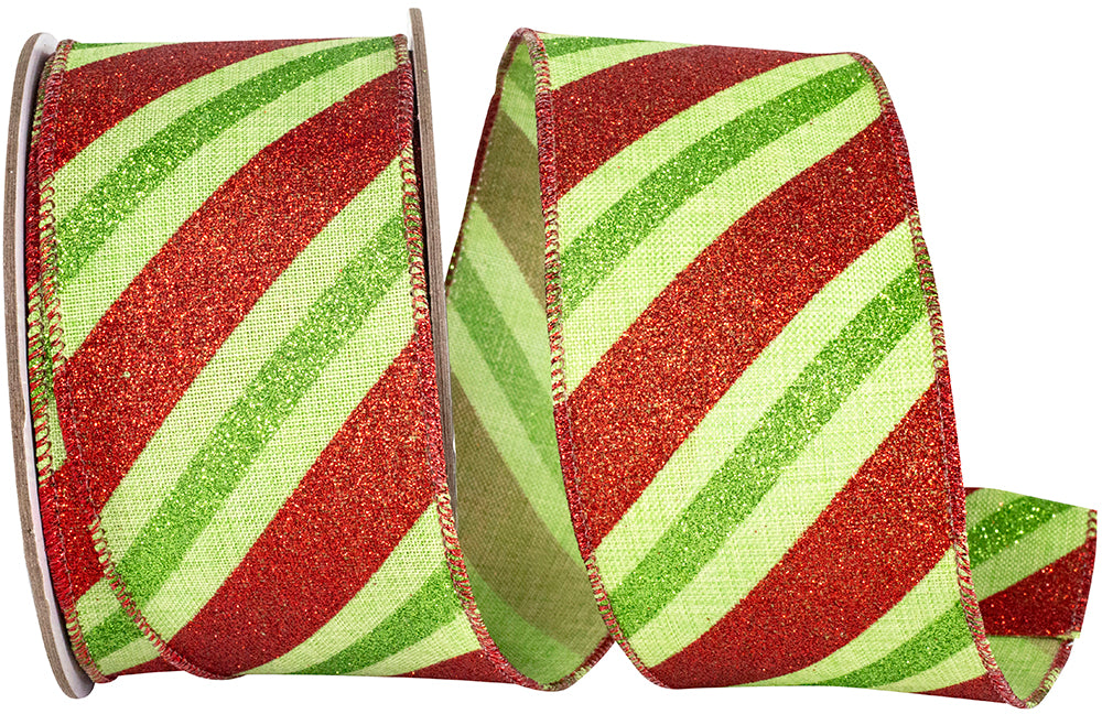 Diagonal Glitter Holiday Stripes Linen Ribbon Green Red 2-1/2 Inch