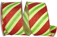Diagonal Glitter Holiday Stripes Linen Ribbon Green Red 2-1/2 Inch