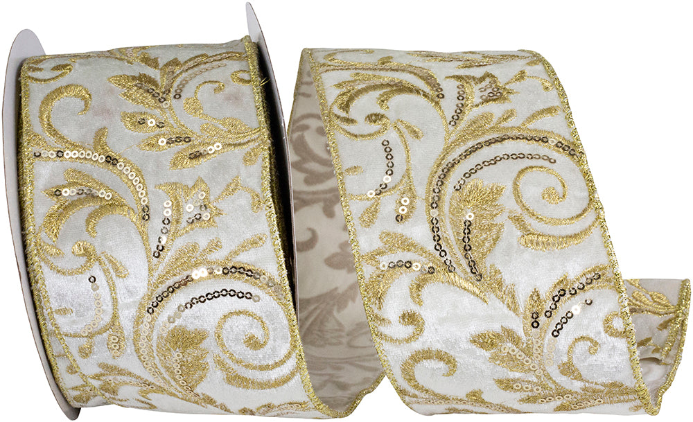 Filigree Sequin Embroidery Velvet Ribbon Ivory Gold 3-1/2 Inch
