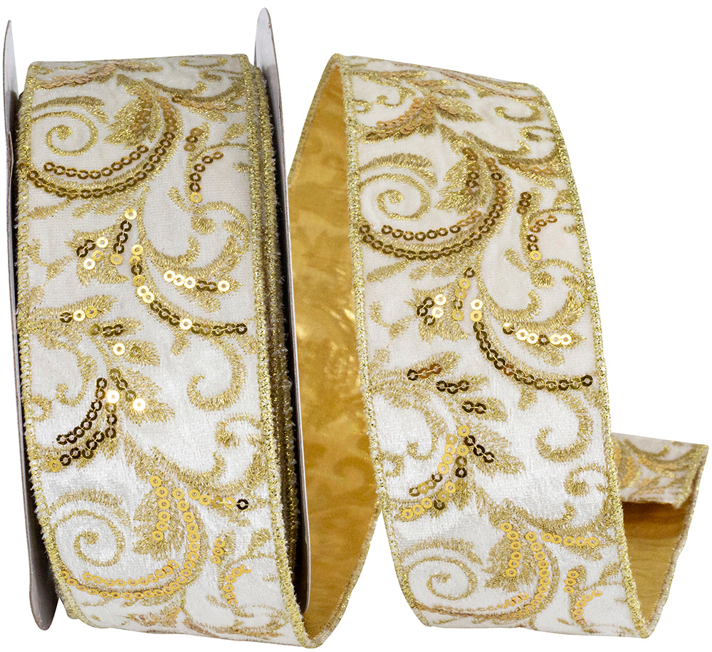 Filigree Sequin Embroidery Velvet Ribbon Ivory Gold 2-3/8 Inch