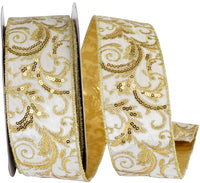 Filigree Sequin Embroidery Velvet Ribbon Ivory Gold 2-3/8 Inch