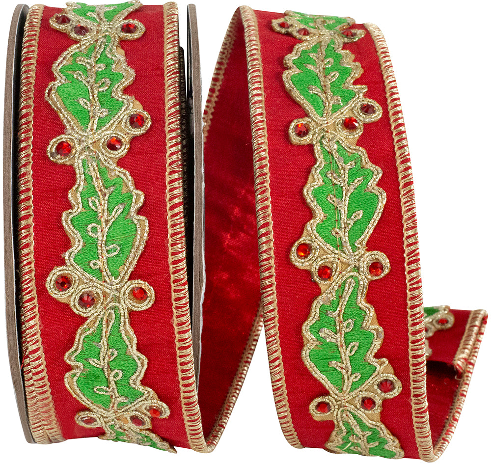 Red Green 1-1 2 Inch Holly Leaf Jewel Embroidery Overlay Dupioni Lame Red Backed Wired Edge Ribbon for Wreaths & Bows