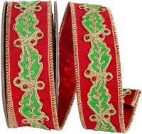Red Green 1-1 2 Inch Holly Leaf Jewel Embroidery Overlay Dupioni Lame Red Backed Wired Edge Ribbon for Wreaths & Bows