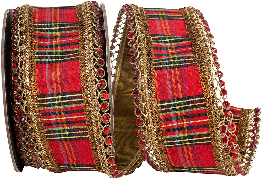 Red 2-1/2 Inch Jeweled Plaid Wired Edge Ribbon
