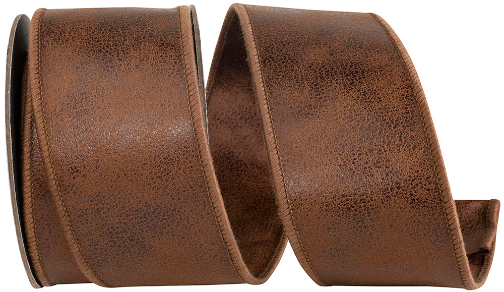 Brown 2-1/2 Inch Leather Wired Edge Ribbon for Wreaths