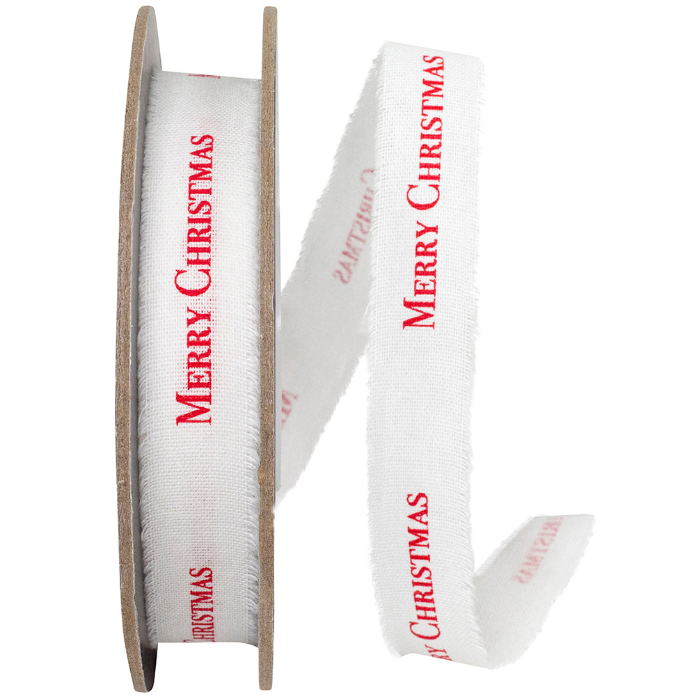 White Red 5 8 Inch Merry Christmas Linen Fringe Ribbon for Wreaths & Bows