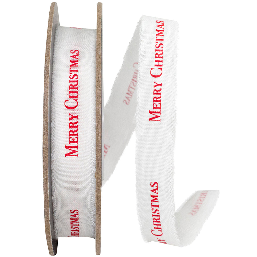 White Red 5 8 Inch Merry Christmas Linen Fringe Ribbon for Wreaths & Bows