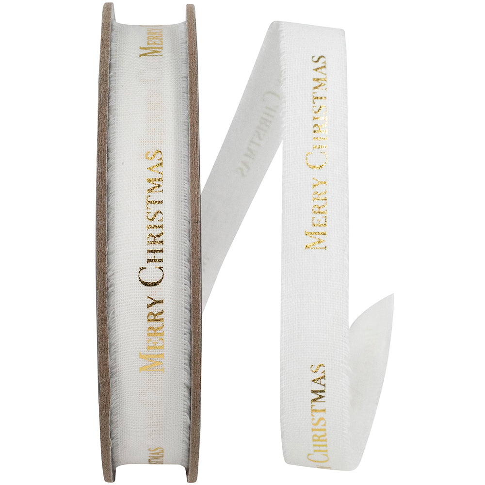 White Gold 5 8 Inch Merry Christmas Linen Fringe Ribbon for Wreaths & Bows