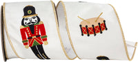 White 4 Inch Nutcracker Embroidery Wired Edge Ribbon for Wreaths & Bows