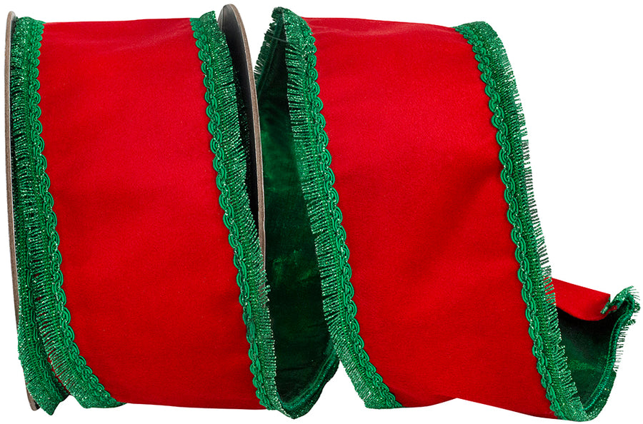 4 Inch Red Green Plush Velvet Wired Edge Ribbon