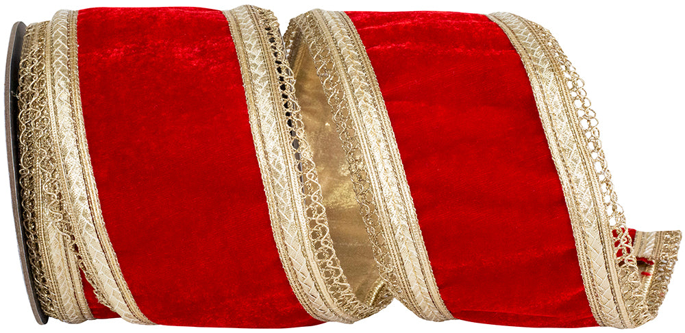 Red Gold 4 Inch Opulent Trim Plush Velvet Deluxe Gold Backed Wired Edge Ribbon for Wreaths & Bows