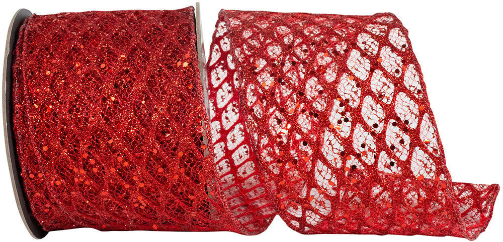 Red Glitter Sequin Wired Edge Ribbon 4 Inch for Bows