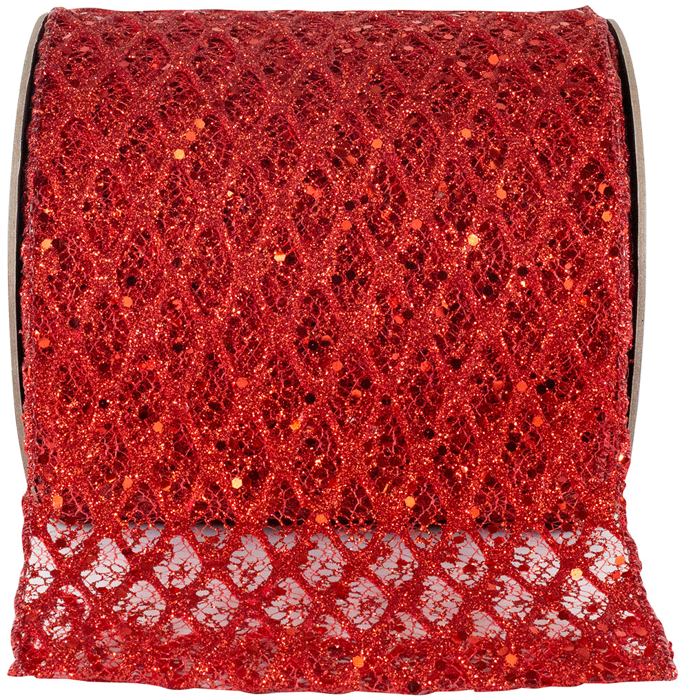Red 6 Inch Wired Edge Glitter Sequin Ribbon for Bows
