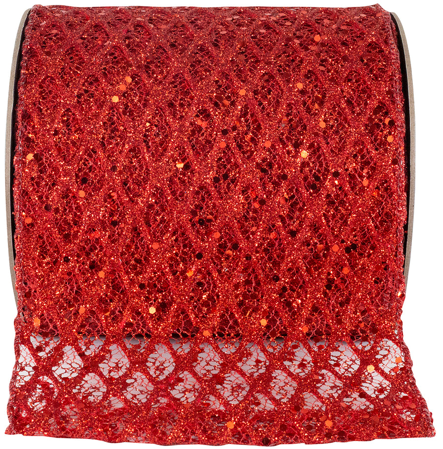 Red 6 Inch Wired Edge Glitter Sequin Ribbon for Bows