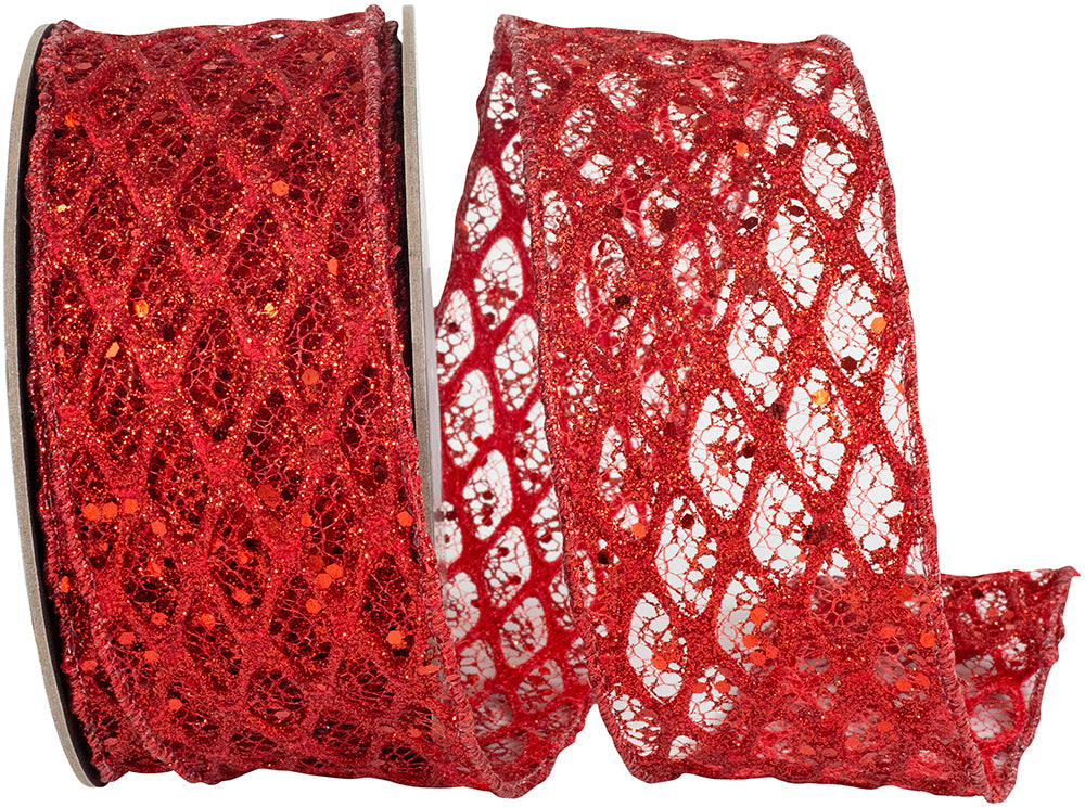 Red Glitter Sequin Wired Edge Ribbon 2-1/2 Inch for Bows