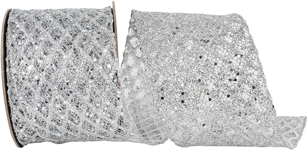Silver Glitter Sequin Diamond Net Wired Edge Ribbon 4 Inch