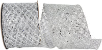 Silver Glitter Sequin Diamond Net Wired Edge Ribbon 4 Inch