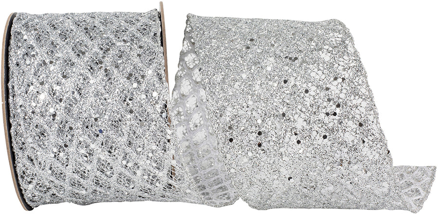 Silver Glitter Sequin Diamond Net Wired Edge Ribbon 4 Inch