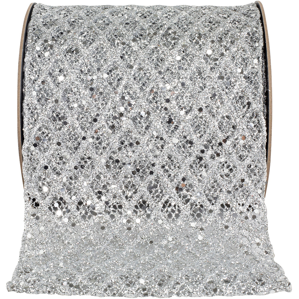 Silver Glitter Sequin Diamond Net Wired Edge Ribbon 6 Inch