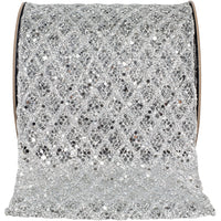 Silver Glitter Sequin Diamond Net Wired Edge Ribbon 6 Inch